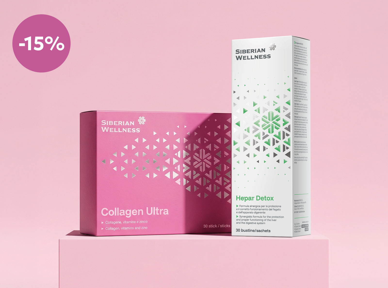 Doppio Beneficio: Acquista due prodotti qualsiasi (Collagen Ultra & Hepar Detox) e ricevi uno sconto del 15%!